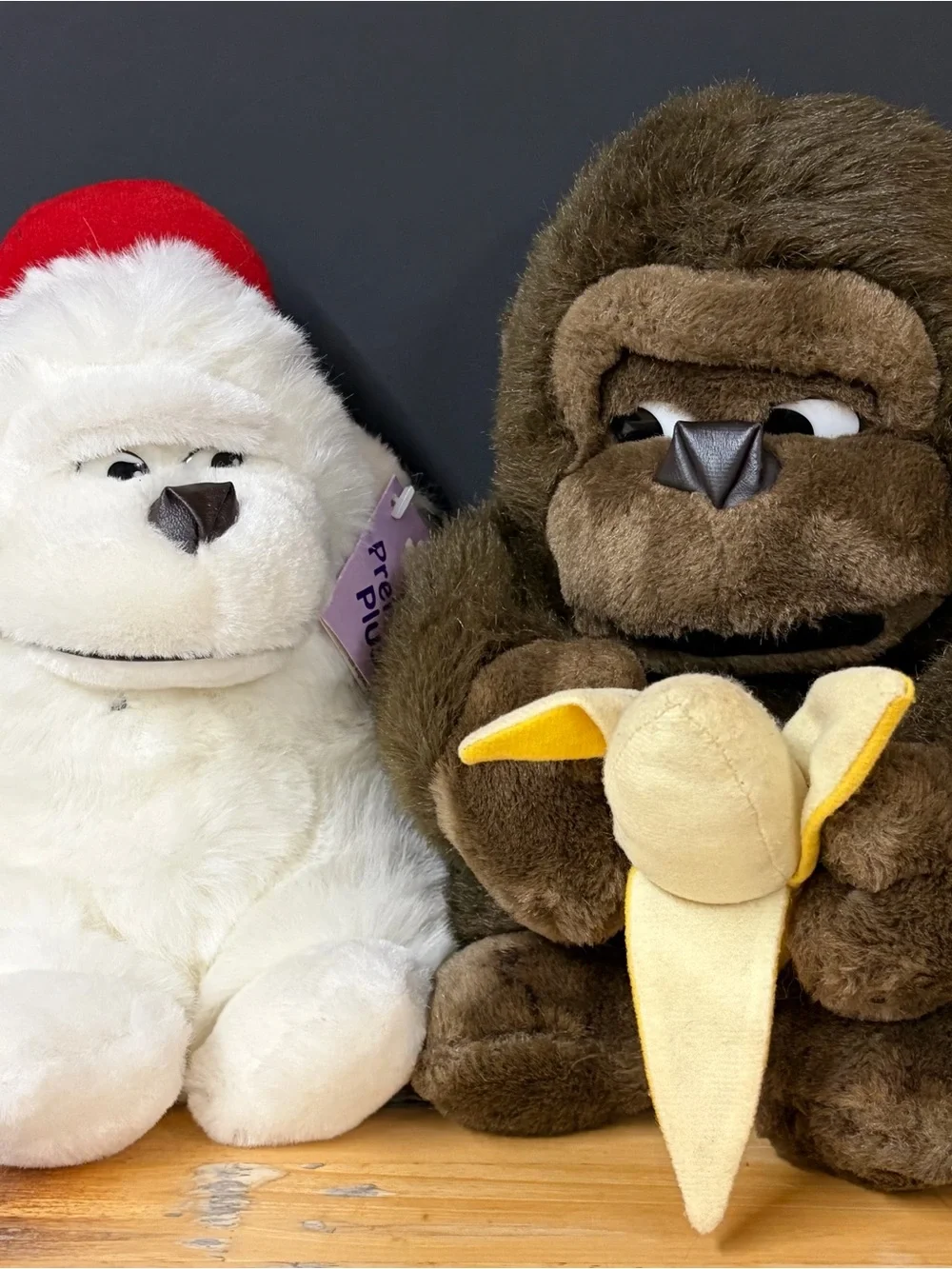 Vintage Brown & White Gorilla Side Eyes Plush Stuffed Animal Holding Banana RARE
